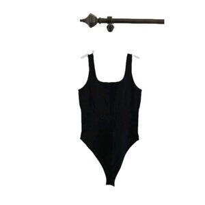 OQQ Womens L Black Ribbed Seamless Tank Top Square Neck Bodysuit Leotard